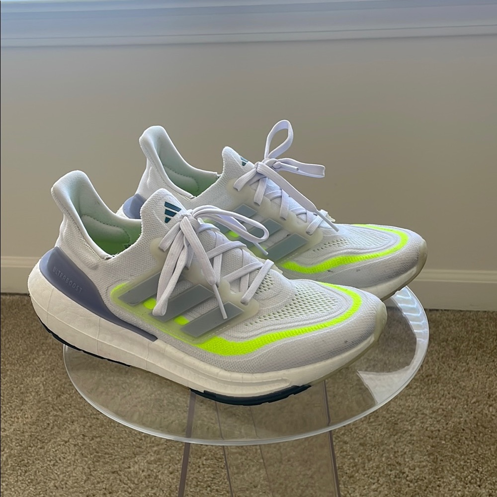 White and Neon Green Adidas Running Shoes Ultraboost 8.5